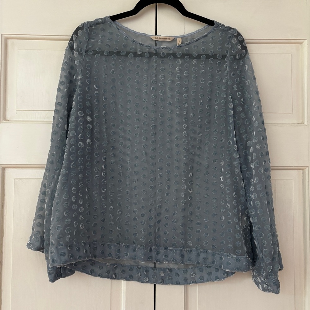Soft Surroundings Sheer Blue Blouse Velvet Polka Dot Size Small Date Whimsigoth